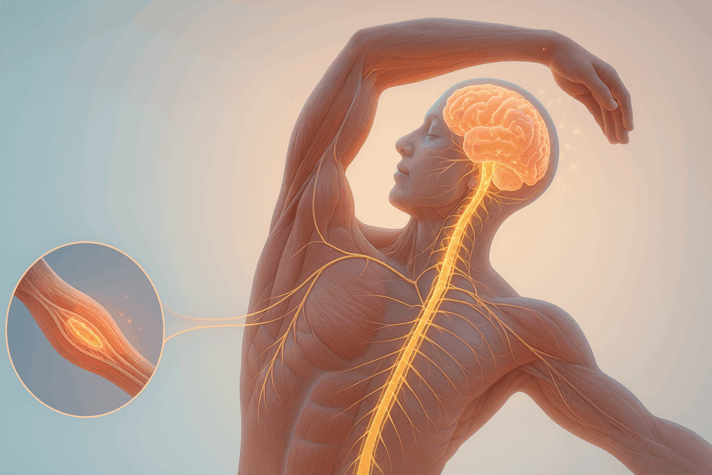 3D medical illustration showing human nervous system and endorphin release during a stretch, explaining why stretching feels so good.