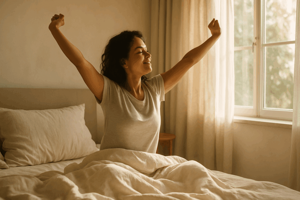 Woman stretching in bed as morning sunlight fills the room, capturing why stretching feels so good after waking up.