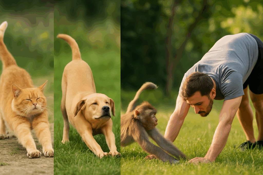 Cat, dog, monkey, and man mid-stretch in nature, illustrating why stretching feels so good across species.