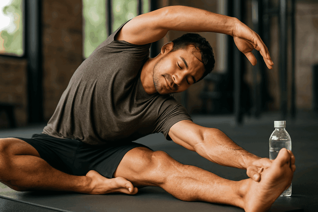 Fit man stretching on gym mat post-workout, showing muscle detail and calm expression, illustrating why stretching feels so good.