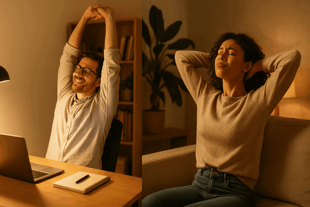 Man stretching at desk and woman stretching on couch in warm light, illustrating why stretching feels so good physically and emotionally.