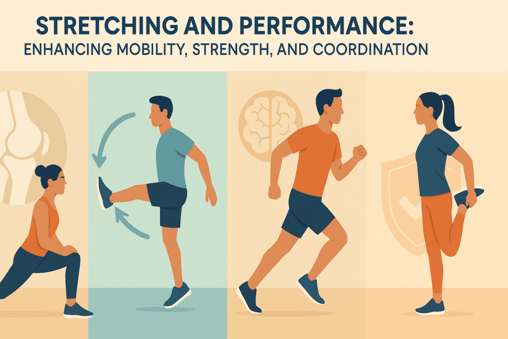 Athletes performing dynamic stretches like lunges and leg swings in a wellness infographic that visually explains why stretching feels so good.