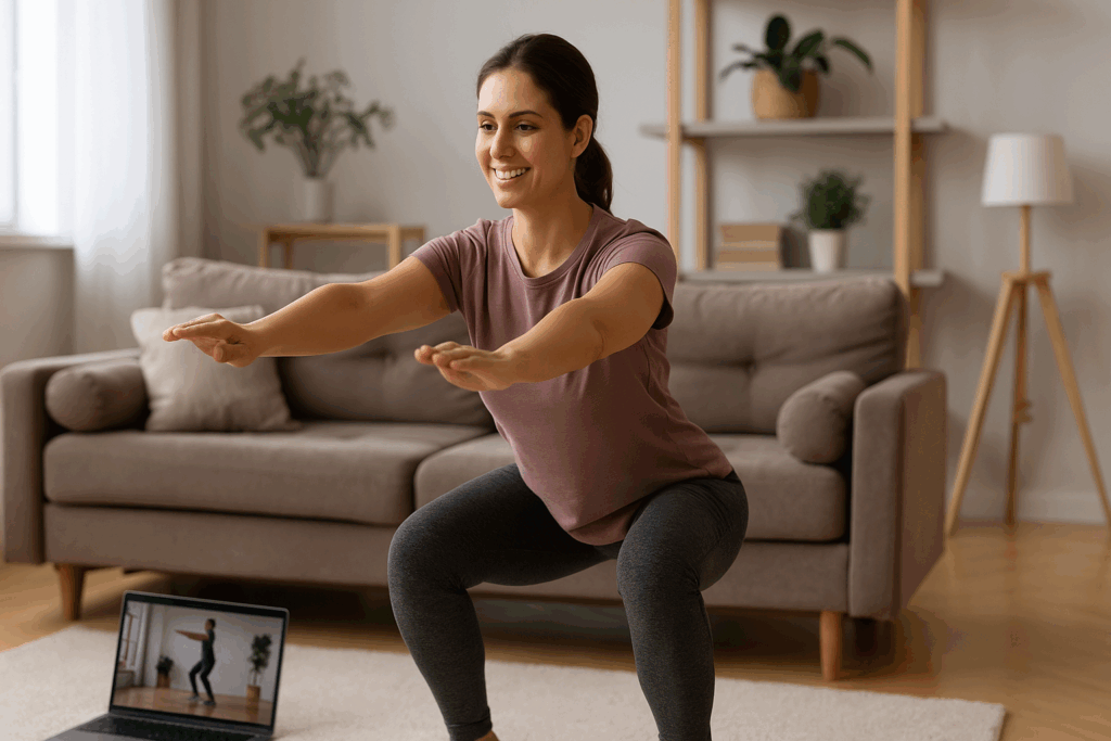 Woman in her 30s doing squats in a sunlit living room while following workout videos for beginners on a laptop