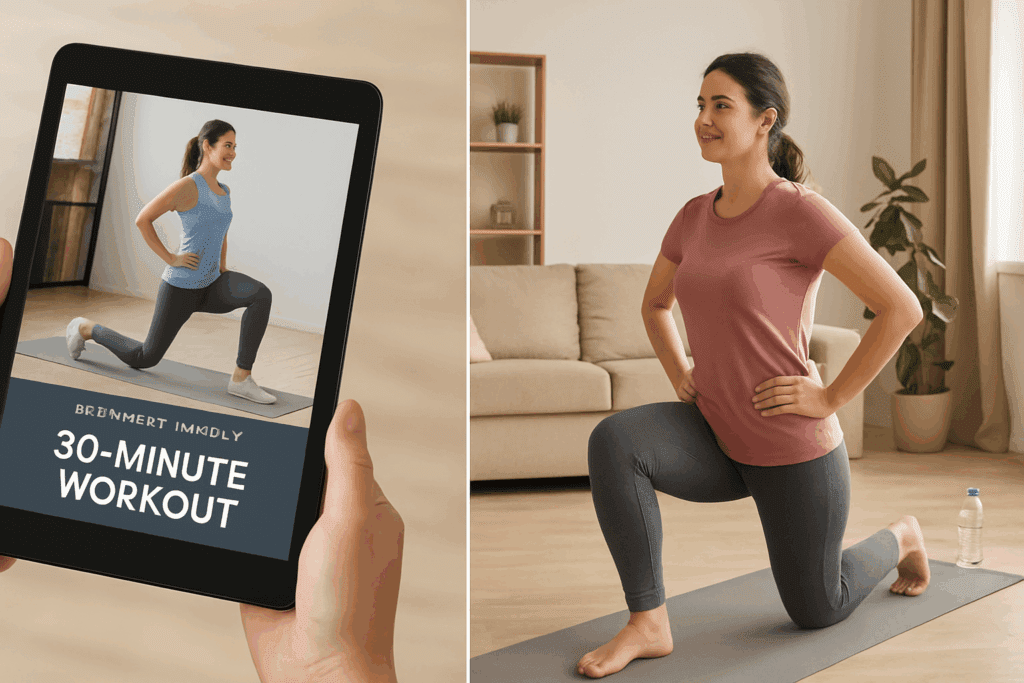 Woman following workout videos for beginners on a tablet while exercising at home on a yoga mat.