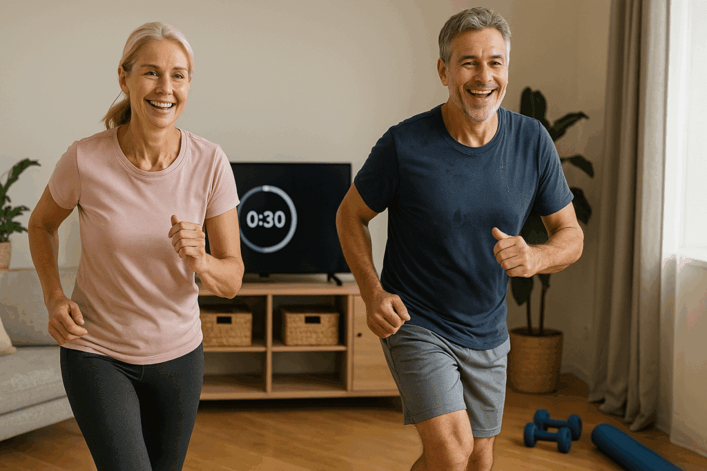 Middle-aged couple doing low-impact cardio at home, representing workout videos for beginners in a friendly indoor setting.