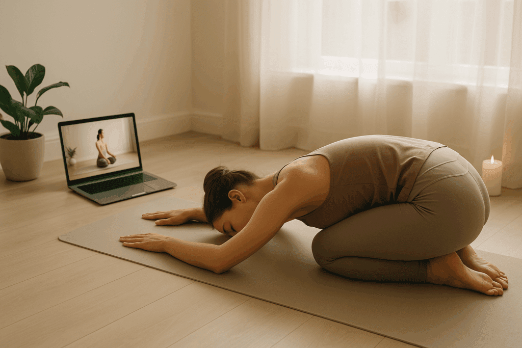 Young woman in child’s pose following workout videos for beginners on a laptop in a calm, sunlit room with a candle and plant.