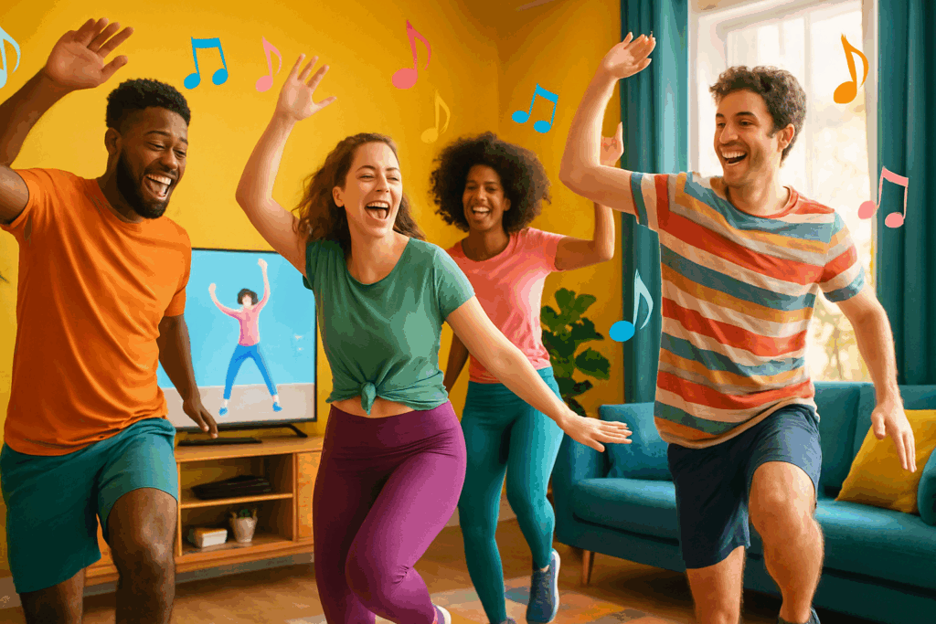 Group of friends dancing and laughing to upbeat workout videos for beginners in a bright, colorful living room.