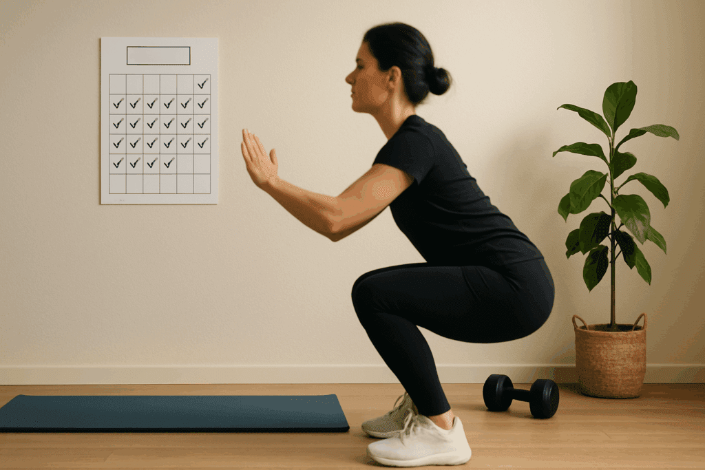 Woman doing squats in a home gym beside a checkmarked challenge calendar, symbolizing daily progress in workout videos for beginners