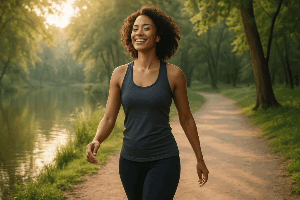 Confident woman walking outdoors along a wooded trail, smiling mid-stride, representing an easy body lifestyle.