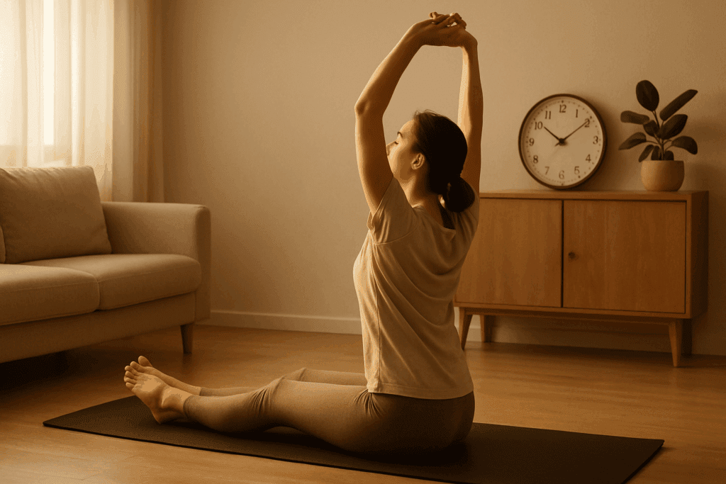 Woman stretching on a yoga mat in a sunlit minimalist living room with clock and neutral decor, symbolizing an easy body routine
