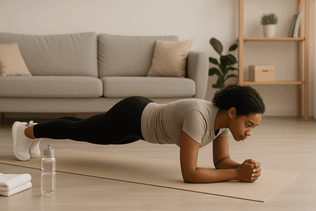 Woman holding a forearm plank on a yoga mat in a bright home gym setup, building core strength for an easy body