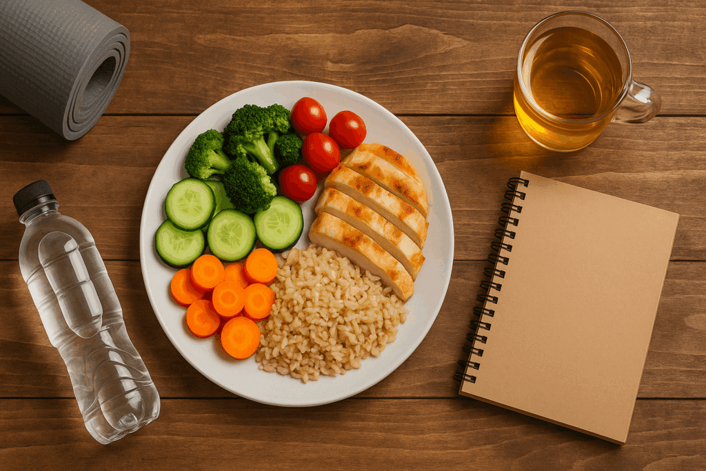 Post-workout meal of grilled chicken, brown rice, and fresh vegetables with herbal tea, supporting the easy body lifestyle.