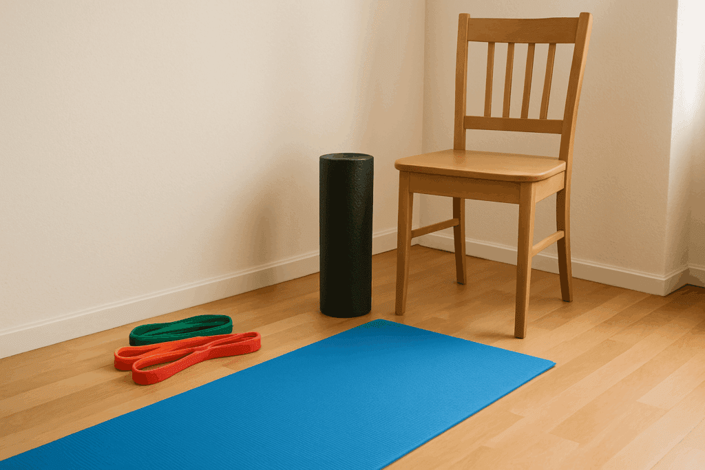 Home workout corner with resistance bands, yoga mat, foam roller, and chair arranged for an easy body routine