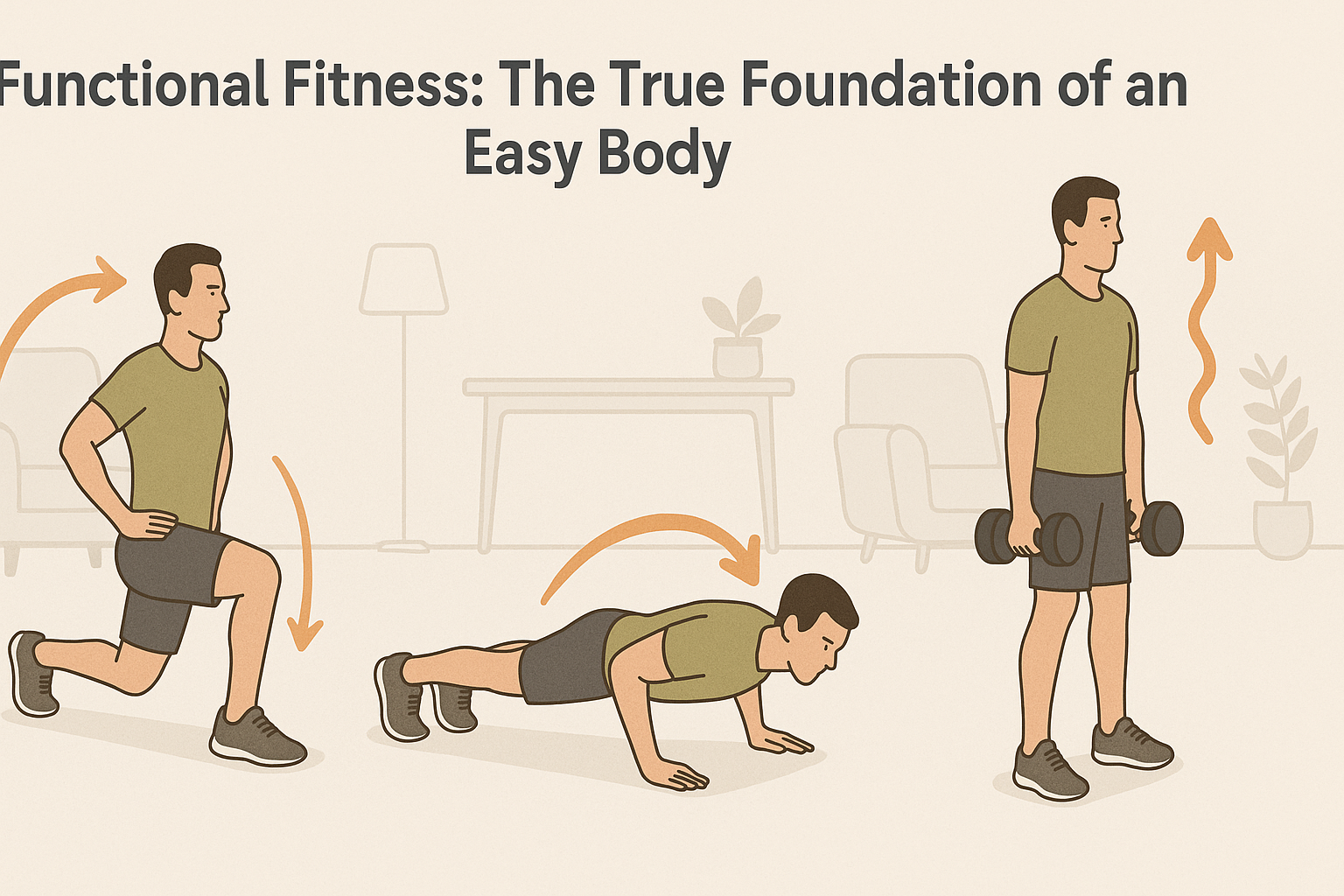Infographic showing three functional fitness exercises—lunges, push-ups, and farmer’s carry—performed at home to build an easy body