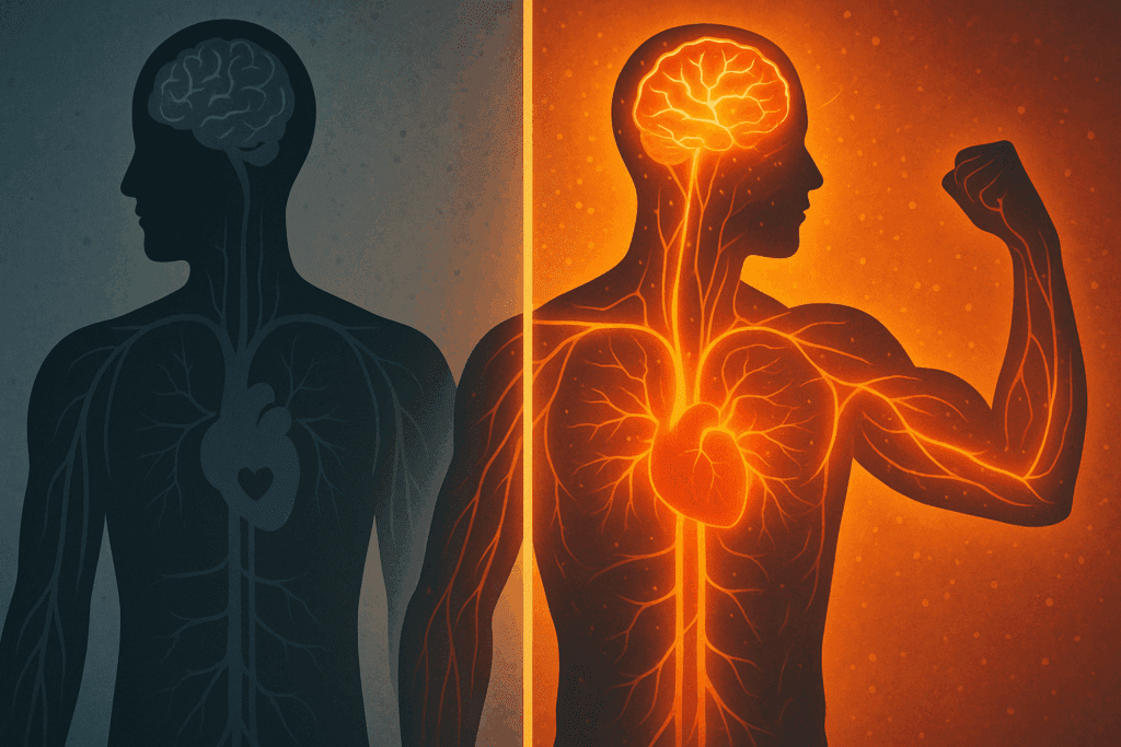 Split-scene illustration showing the body's transformation during a 30 minute home workout for beginners, from calm pre-exercise state to energized post-workout with glowing brain and muscles