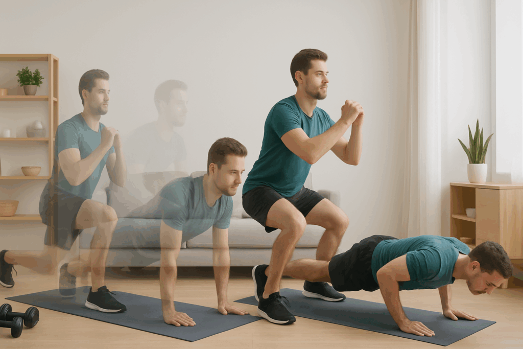 Man demonstrating a 30 minute home workout for beginners with sequential lunges, squats, planks, and push-ups on a yoga mat in a bright living room.