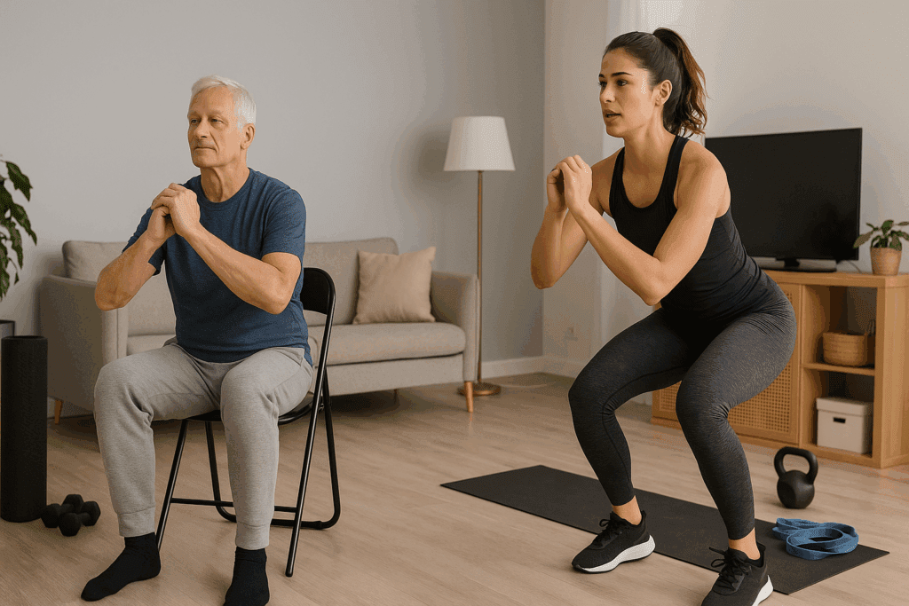 Older man doing chair squats beside young woman performing jump squats during a 30 minute home workout for beginners