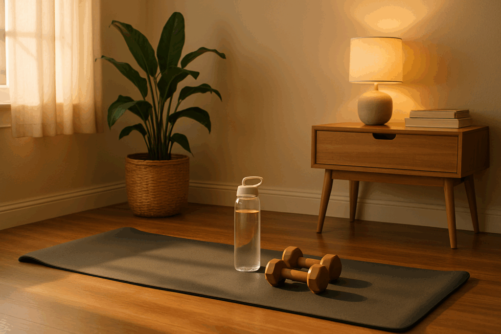 Cozy home workout space with yoga mat, water bottle, and dumbbells near natural light, ideal for a 30 minute home workout for beginners.