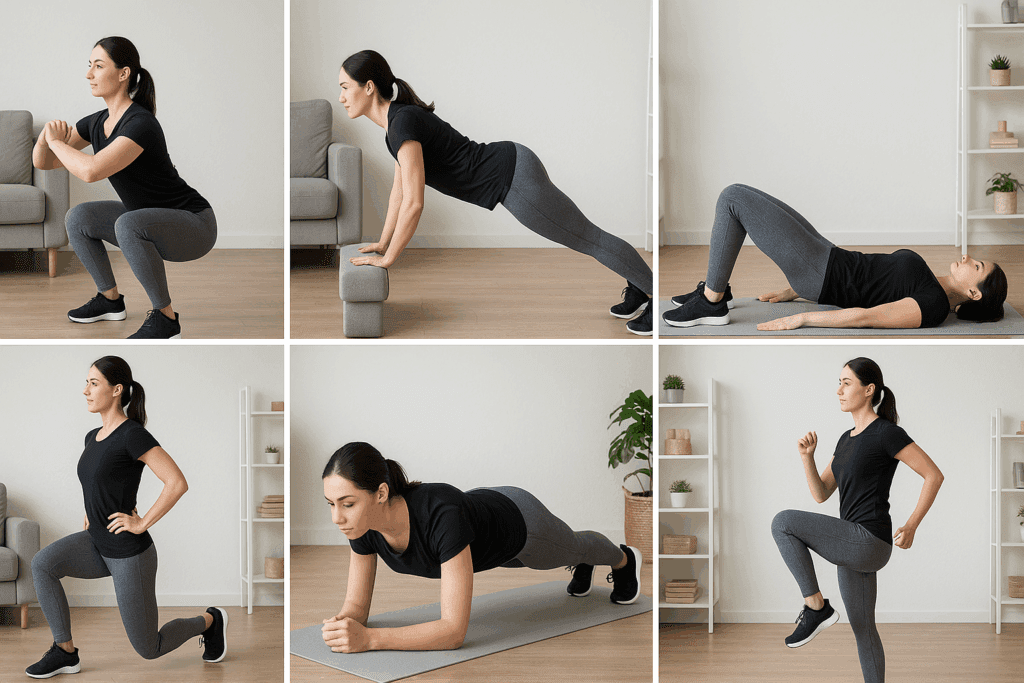 Woman performing six exercises in a living room as part of a 30 minute home workout for beginners, including squats, push-ups, lunges, and planks.