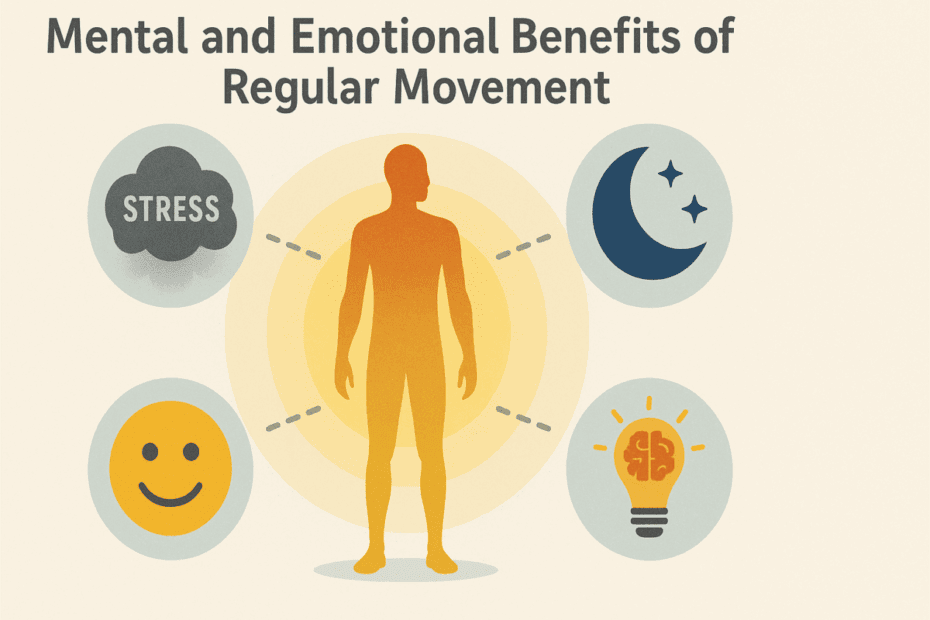 Human figure surrounded by icons showing benefits of exercise—reduced stress, better sleep, clearer thinking, improved mood, and confidence—supporting a 30 minute home workout for beginners.