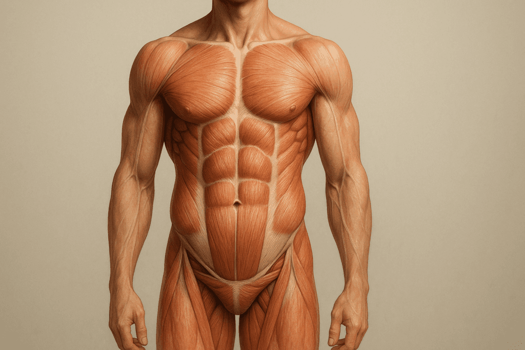 Realistic anatomical illustration of core muscles, including abs, obliques, and pelvic stabilizers, used for beginner core exercises.