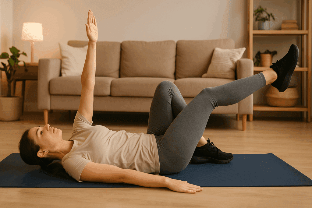 Woman doing dead bug pose on a yoga mat in a cozy living room as part of beginner core exercises