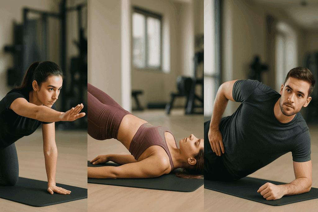 Three people demonstrating beginner core exercises: bird-dog, glute bridge, and side plank in a bright gym setting.