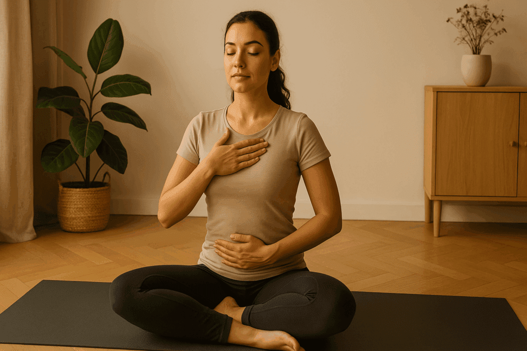 Woman practicing beginner core exercises through diaphragmatic breathing while seated cross-legged in a calm home setting.