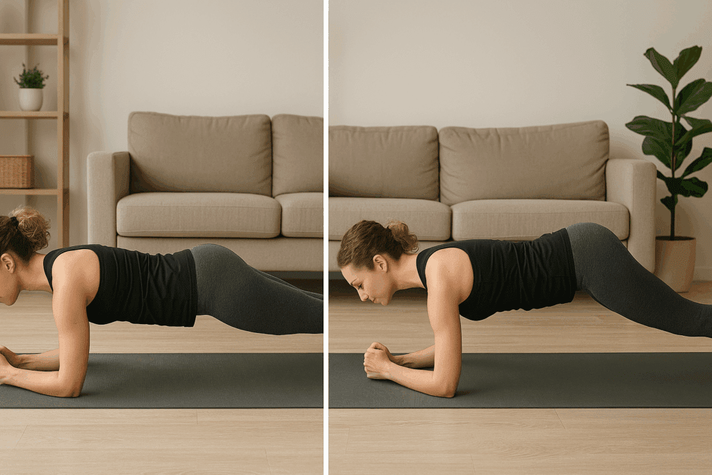 Side-by-side comparison of proper and improper plank form performed at home, illustrating common mistakes in beginner core exercises