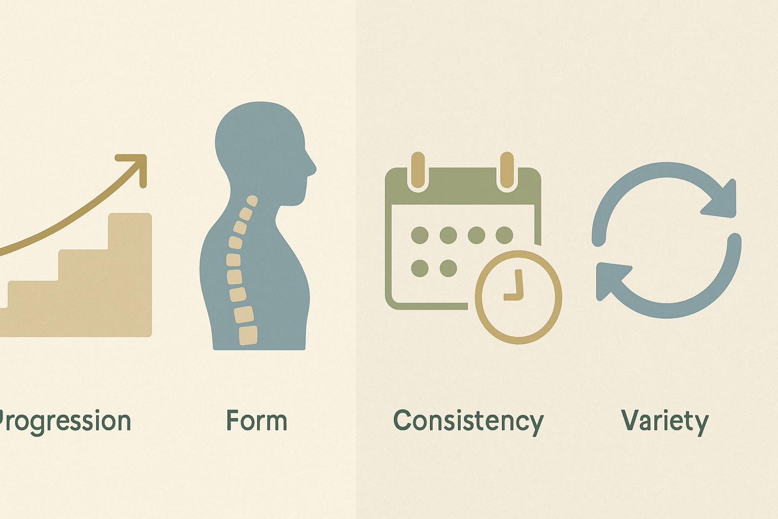 Minimalist infographic illustrating beginner core exercises principles with icons for progression, form, consistency, and variety
