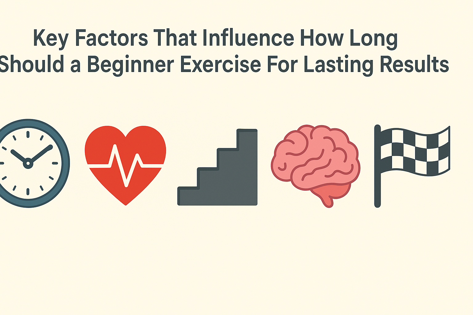 Infographic showing five visual factors that influence how long should a beginner exercise for: clock, heart, stairs, brain, and finish line icons