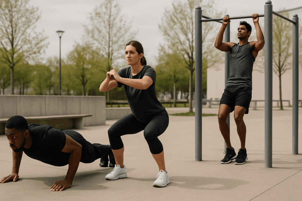 Three diverse people demonstrating how to start calisthenics with push-ups, squats, and pull-ups in an urban park.