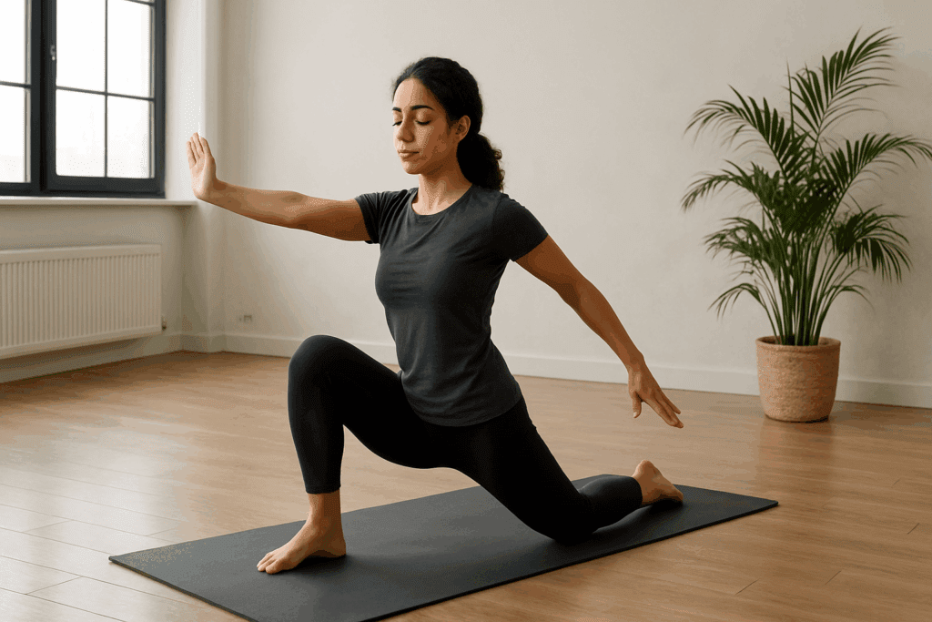 Beginner practicing mobility drills on a yoga mat indoors with natural light, demonstrating how to start calisthenics mindfully.