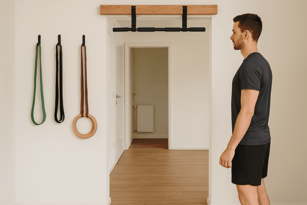Man preparing for a home workout in a small indoor gym setup with resistance bands, gymnastic rings, and a doorway pull-up bar, illustrating how to start calisthenics.