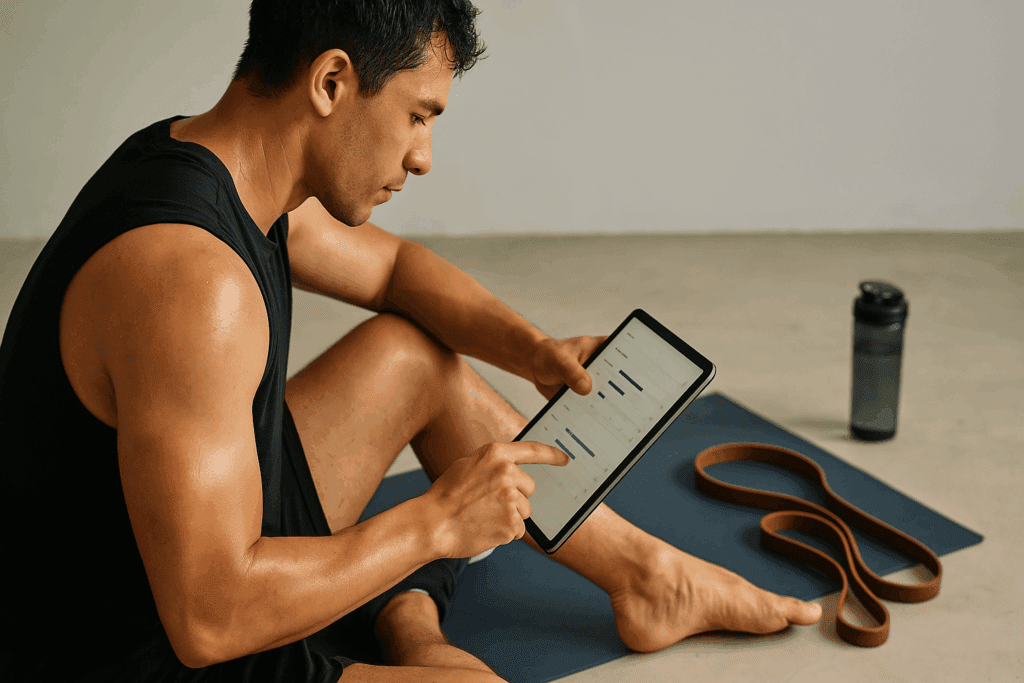 Man resting on yoga mat using a tablet to track workout progress, illustrating how to start calisthenics at home.