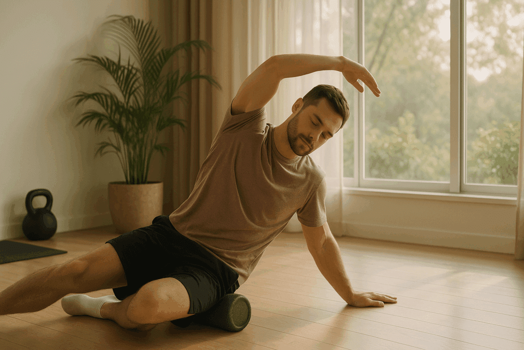 Man foam rolling in a sunlit home gym during recovery, illustrating how to start calisthenics with sustainable rest routines.