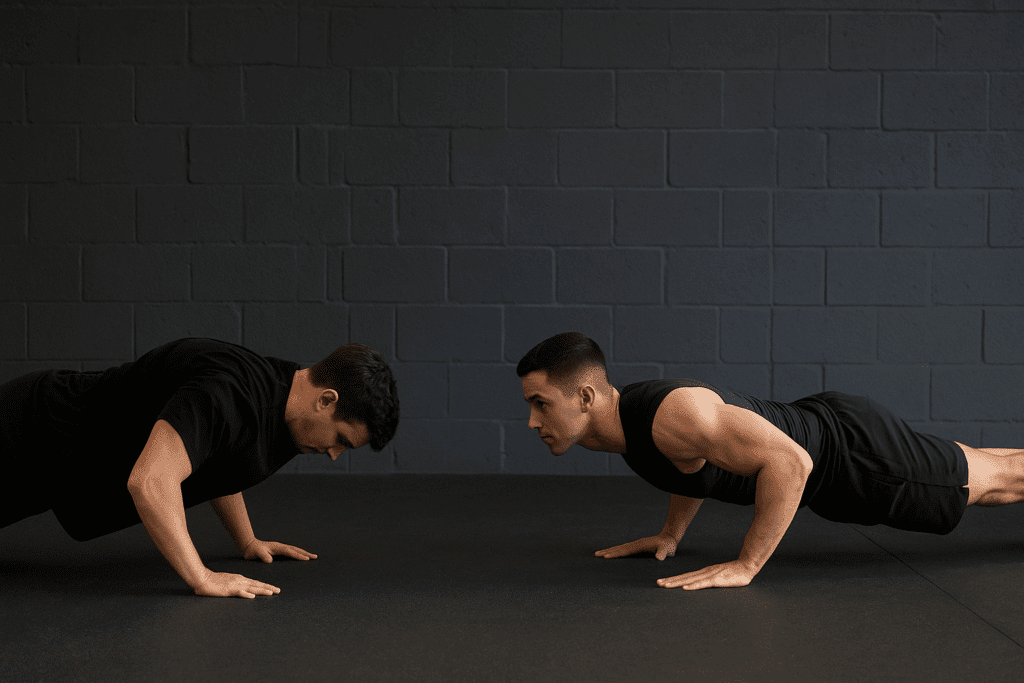 Side-by-side comparison of incorrect and correct push-up form, demonstrating posture mistakes beginners make when learning how to start calisthenics